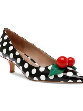 Betsey Johnson Black and White Polka Dot Cherry Kitten Heel Pumps